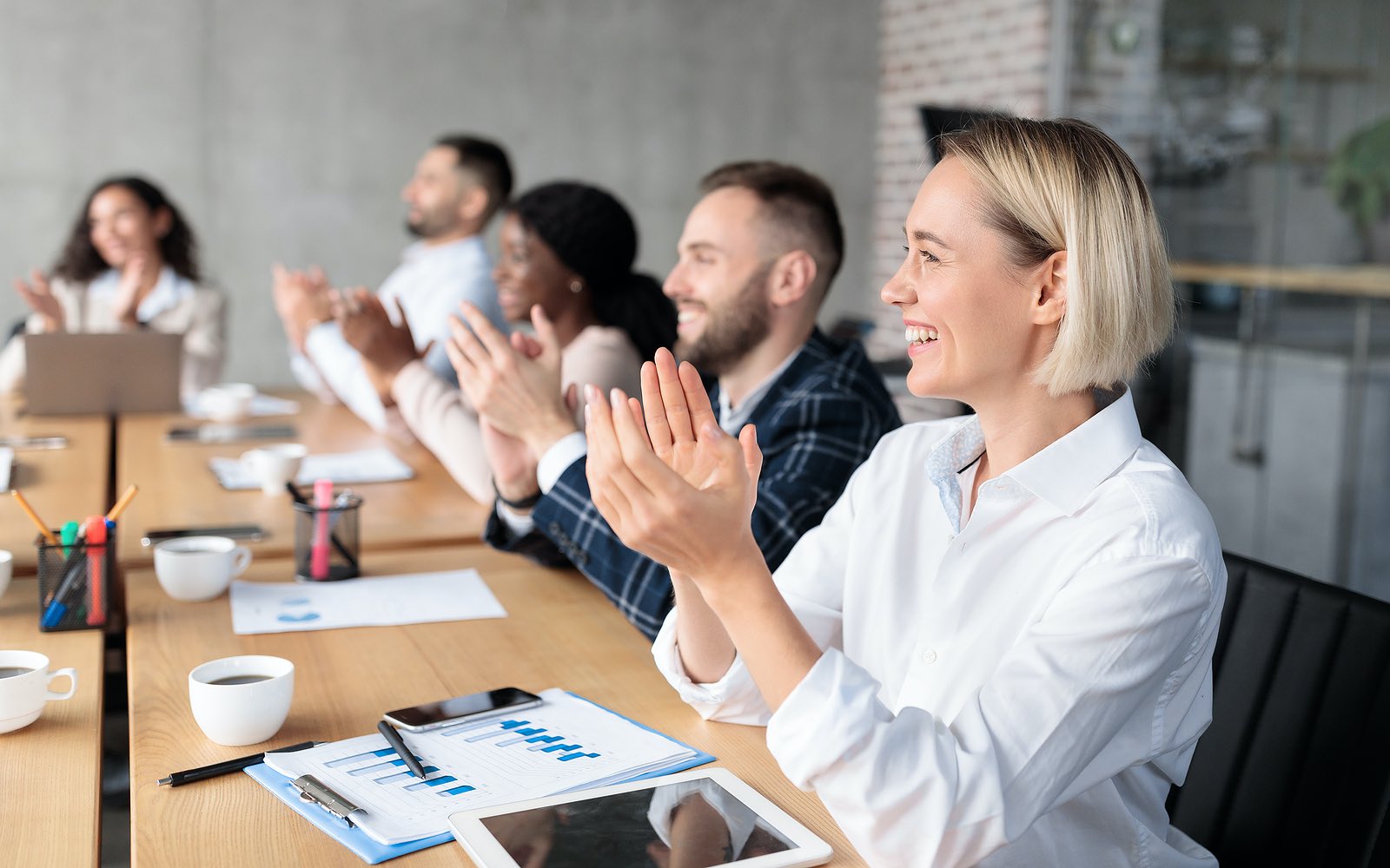 Joyful Coworkers Applauding Celebrating Business Success